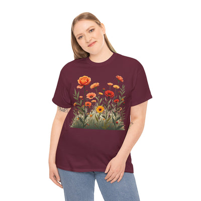 Wildflowers and Orange Roses, Graphic T-Shirts for Women, Floral Shirt, Womens Short Sleeve, Ladies Graphic Tees #5045TTS