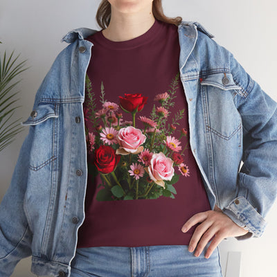 Wildflowers and Red & Pink Roses, Graphic T-Shirts for Women, Floral Shirt, Womens Short Sleeve, Ladies Graphic Tees #5132TTS
