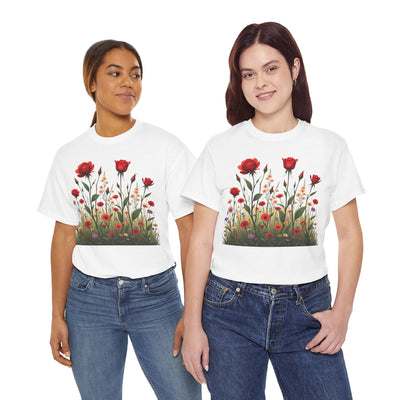 Wildflowers and Red Roses, Graphic T-Shirts for Women, Floral Shirt, Womens Short Sleeve, Ladies Graphic Tees #5032TTS