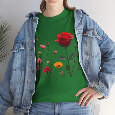 Wildflowers and a Red Rose, Graphic T-Shirts for Women, Floral Shirt, Womens Short Sleeve, Ladies Graphic Tees #5006TTS