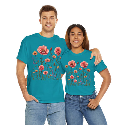 Wildflowers and Pink Roses, Graphic T-Shirts for Women, Floral Shirt, Womens Short Sleeve, Ladies Graphic Tees #5015TTS