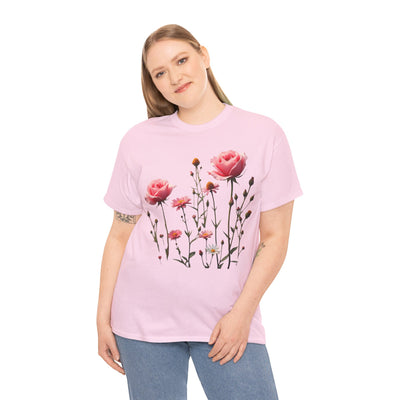 Wildflowers and Pink Roses, Graphic T-Shirts for Women, Floral Shirt, Womens Short Sleeve, Ladies Graphic Tees #5018TTS
