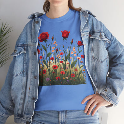 Wildflowers and Red Roses, Graphic T-Shirts for Women, Floral Shirt, Womens Short Sleeve, Ladies Graphic Tees #5032TTS