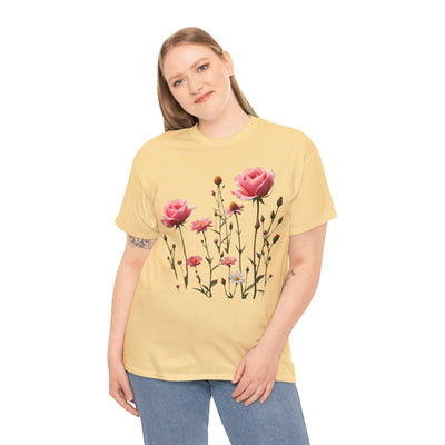 Wildflowers and Pink Roses, Graphic T-Shirts for Women, Floral Shirt, Womens Short Sleeve, Ladies Graphic Tees #5018TTS