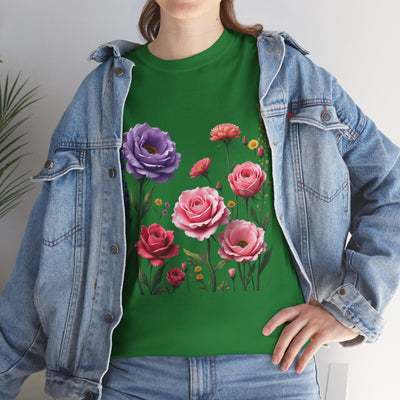 Wildflowers and Pink/Violet Roses, Graphic T-Shirts for Women, Floral Shirt, Womens Short Sleeve, Ladies Graphic Tees #5100TTS