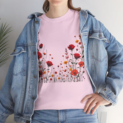 Wildflowers and Red Roses, Graphic T-Shirts for Women, Floral Shirt, Womens Short Sleeve, Ladies Graphic Tees #5033TTS