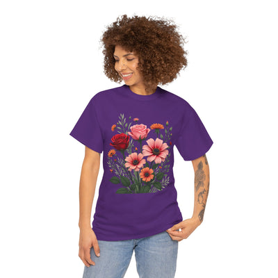 Wildflowers and Pink & Red Roses, Graphic T-Shirts for Women, Floral Shirt, Womens Short Sleeve, Ladies Graphic Tees #5133TTS
