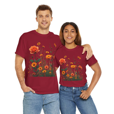 Wildflowers and Orange Roses, Graphic T-Shirts for Women, Floral Shirt, Womens Short Sleeve, Ladies Graphic Tees #5046TTS