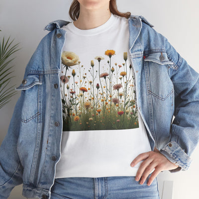 Wildflowers and White Roses, Graphic T-Shirts for Women, Floral Shirt, Womens Short Sleeve, Ladies Graphic Tees #5041TTS
