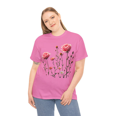 Wildflowers and Pink Roses, Graphic T-Shirts for Women, Floral Shirt, Womens Short Sleeve, Ladies Graphic Tees #5018TTS