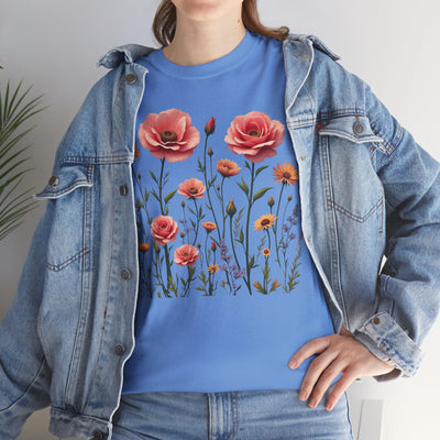 Wildflowers and Pink Roses, Graphic T-Shirts for Women, Floral Shirt, Womens Short Sleeve, Ladies Graphic Tees #5015TTS