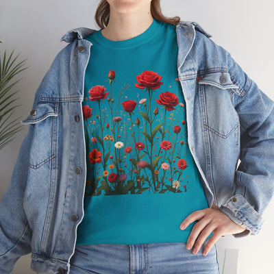 Wildflowers and Red Roses, Graphic T-Shirts for Women, Floral Shirt, Womens Short Sleeve, Ladies Graphic Tees #5035TTS