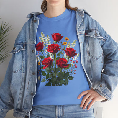 Wildflowers and Red Roses, Graphic T-Shirts for Women, Floral Shirt, Womens Short Sleeve, Ladies Graphic Tees #5128TTS