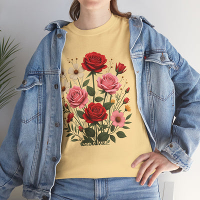Wildflowers and Pink & Red Roses, Graphic T-Shirts for Women, Floral Shirt, Womens Short Sleeve, Ladies Graphic Tees #5134TTS