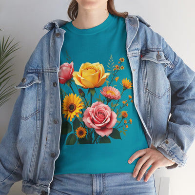 Wildflowers and Pink & Yellow Roses, Graphic T-Shirts for Women, Floral Shirt, Womens Short Sleeve, Ladies Graphic Tees #5146TTS