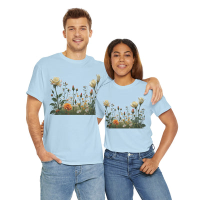 Wildflowers and White Roses, Graphic T-Shirts for Women, Floral Shirt, Womens Short Sleeve, Ladies Graphic Tees #5039TTS