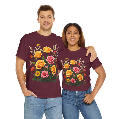 Wildflowers and Pink & Yellow Roses, Graphic T-Shirts for Women, Floral Shirt, Womens Short Sleeve, Ladies Graphic Tees #5142TTS