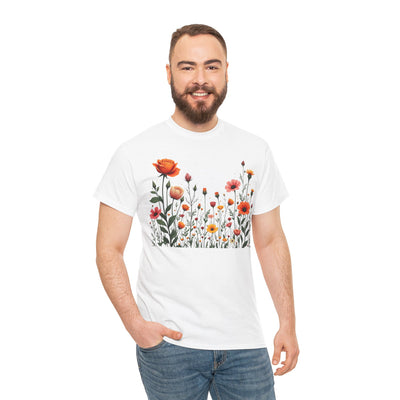 Wildflowers and Orange Roses, Graphic T-Shirts for Women, Floral Shirt, Womens Short Sleeve, Ladies Graphic Tees #5042TTS