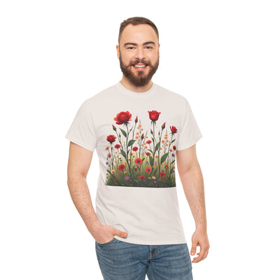 Wildflowers and Red Roses, Graphic T-Shirts for Women, Floral Shirt, Womens Short Sleeve, Ladies Graphic Tees #5032TTS