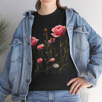 Wildflowers and Pink Roses, Graphic T-Shirts for Women, Floral Shirt, Womens Short Sleeve, Ladies Graphic Tees #5018TTS