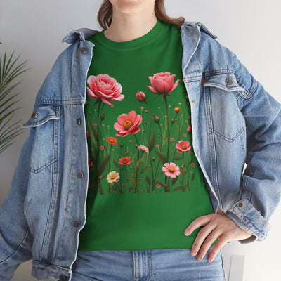Wildflowers and Pink Roses, Graphic T-Shirts for Women, Floral Shirt, Womens Short Sleeve, Ladies Graphic Tees #5022TTS