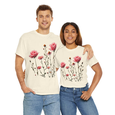 Wildflowers and Pink Roses, Graphic T-Shirts for Women, Floral Shirt, Womens Short Sleeve, Ladies Graphic Tees #5018TTS