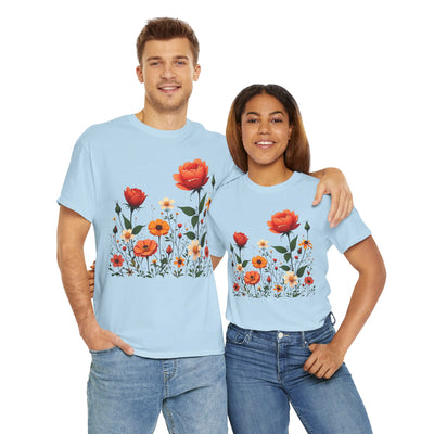 Wildflowers and Orange Roses, Graphic T-Shirts for Women, Floral Shirt, Womens Short Sleeve, Ladies Graphic Tees #5043TTS