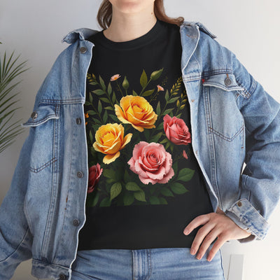 Wildflowers and Pink & Yellow Roses, Graphic T-Shirts for Women, Floral Shirt, Womens Short Sleeve, Ladies Graphic Tees #5149TTS