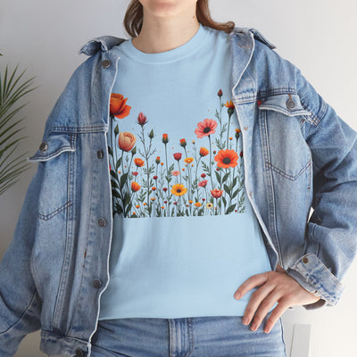 Wildflowers and Orange Roses, Graphic T-Shirts for Women, Floral Shirt, Womens Short Sleeve, Ladies Graphic Tees #5042TTS