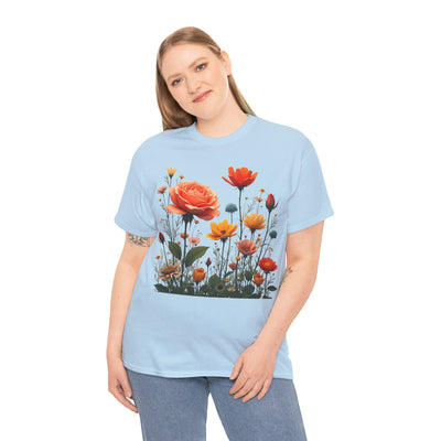 Wildflowers and Orange Roses, Graphic T-Shirts for Women, Floral Shirt, Womens Short Sleeve, Ladies Graphic Tees #5044TTS