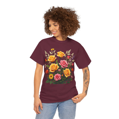 Wildflowers and Pink & Yellow Roses, Graphic T-Shirts for Women, Floral Shirt, Womens Short Sleeve, Ladies Graphic Tees #5142TTS