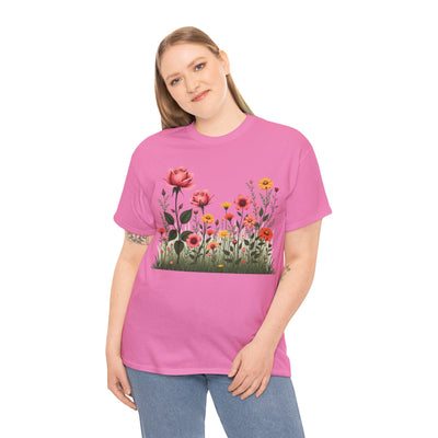 Wildflowers and Pink Roses, Graphic T-Shirts for Women, Floral Shirt, Womens Short Sleeve, Ladies Graphic Tees #5020TTS