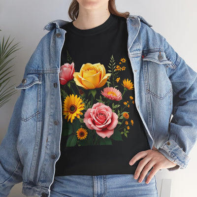 Wildflowers and Pink & Yellow Roses, Graphic T-Shirts for Women, Floral Shirt, Womens Short Sleeve, Ladies Graphic Tees #5146TTS