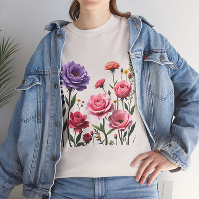 Wildflowers and Pink/Violet Roses, Graphic T-Shirts for Women, Floral Shirt, Womens Short Sleeve, Ladies Graphic Tees #5100TTS