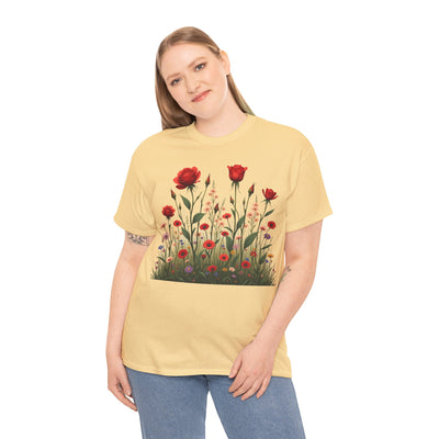 Wildflowers and Red Roses, Graphic T-Shirts for Women, Floral Shirt, Womens Short Sleeve, Ladies Graphic Tees #5032TTS