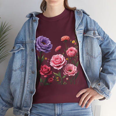 Wildflowers and Pink/Violet Roses, Graphic T-Shirts for Women, Floral Shirt, Womens Short Sleeve, Ladies Graphic Tees #5100TTS