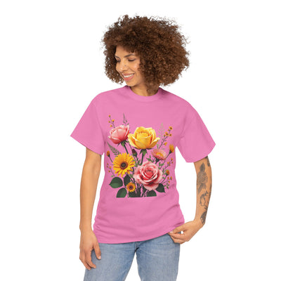 Wildflowers and Pink & Yellow Roses, Graphic T-Shirts for Women, Floral Shirt, Womens Short Sleeve, Ladies Graphic Tees #5146TTS