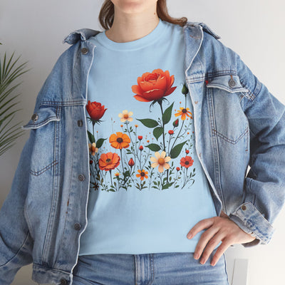 Wildflowers and Orange Roses, Graphic T-Shirts for Women, Floral Shirt, Womens Short Sleeve, Ladies Graphic Tees #5043TTS
