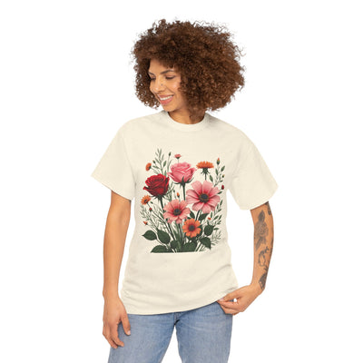 Wildflowers and Pink & Red Roses, Graphic T-Shirts for Women, Floral Shirt, Womens Short Sleeve, Ladies Graphic Tees #5133TTS