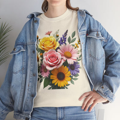 Wildflowers and Pink & Yellow Roses, Graphic T-Shirts for Women, Floral Shirt, Womens Short Sleeve, Ladies Graphic Tees #5145TTS