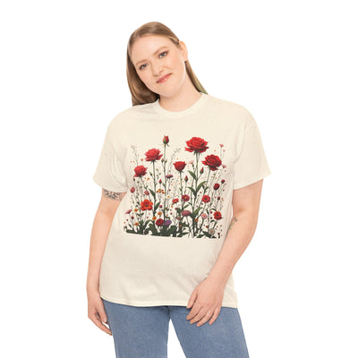 Wildflowers and Red Roses, Graphic T-Shirts for Women, Floral Shirt, Womens Short Sleeve, Ladies Graphic Tees #5035TTS