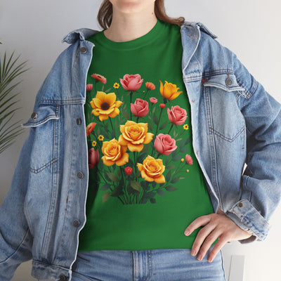Wildflowers and Pink & Yellow Roses, Graphic T-Shirts for Women, Floral Shirt, Womens Short Sleeve, Ladies Graphic Tees #5139TTS