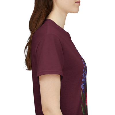 Wildflowers and Pink/Violet Roses, Graphic T-Shirts for Women, Floral Shirt, Womens Short Sleeve, Ladies Graphic Tees #5100TTS