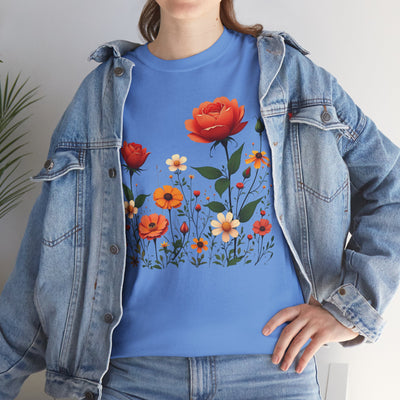 Wildflowers and Orange Roses, Graphic T-Shirts for Women, Floral Shirt, Womens Short Sleeve, Ladies Graphic Tees #5043TTS