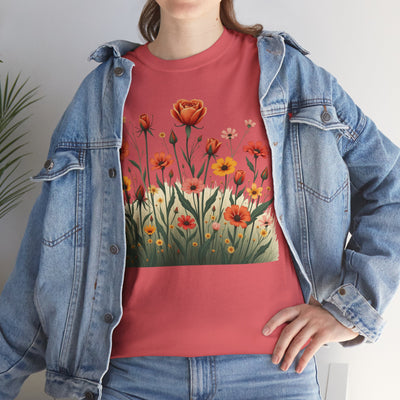 Wildflowers and Orange Roses, Graphic T-Shirts for Women, Floral Shirt, Womens Short Sleeve, Ladies Graphic Tees #5047TTS