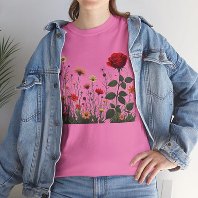 Wildflowers and a Red Rose, Graphic T-Shirts for Women, Floral Shirt, Womens Short Sleeve, Ladies Graphic Tees #5008TTS