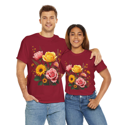 Wildflowers and Pink & Yellow Roses, Graphic T-Shirts for Women, Floral Shirt, Womens Short Sleeve, Ladies Graphic Tees #5146TTS