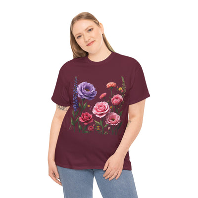 Wildflowers and Pink/Violet Roses, Graphic T-Shirts for Women, Floral Shirt, Womens Short Sleeve, Ladies Graphic Tees #5100TTS
