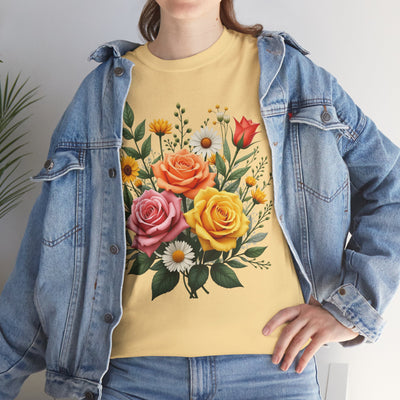 Wildflowers and Pink & Yellow Roses, Graphic T-Shirts for Women, Floral Shirt, Womens Short Sleeve, Ladies Graphic Tees #5144TTS