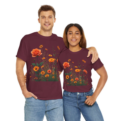 Wildflowers and Orange Roses, Graphic T-Shirts for Women, Floral Shirt, Womens Short Sleeve, Ladies Graphic Tees #5046TTS